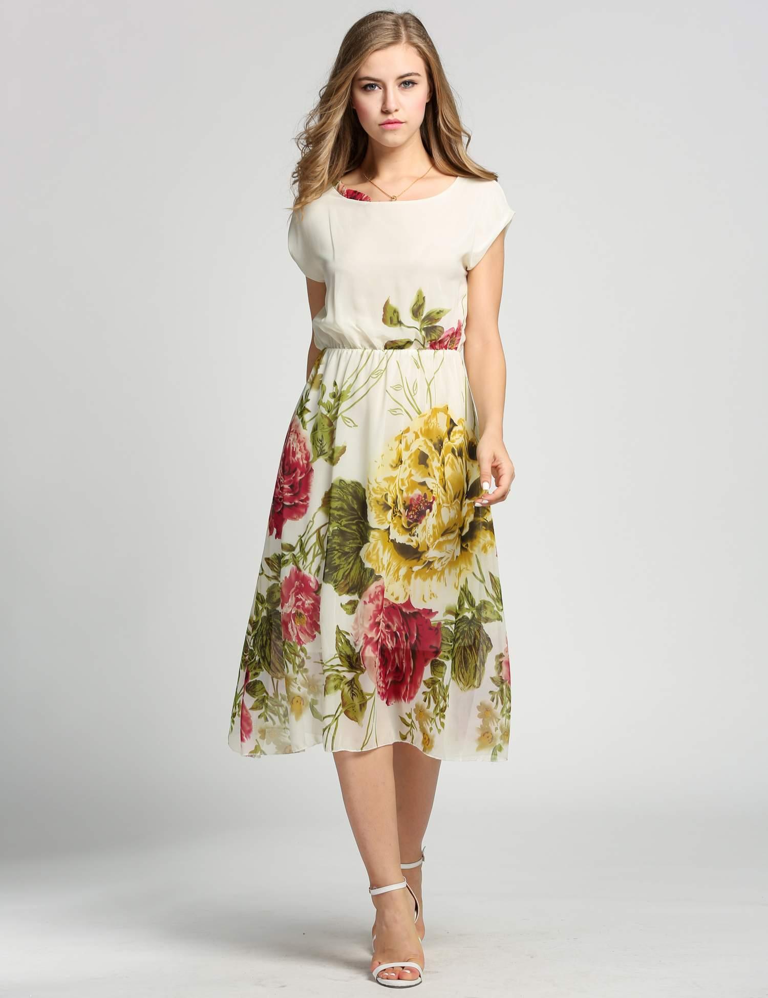 Women Summer Dress 2018 New Apricot Sleeveless slash Neck Florals Print Pleated Party Clubwear 