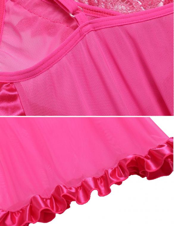 Pink Women Lingerie Dress Babydoll V-Neck Lace Ruffle Nightwear with G-string Sexy Nighties